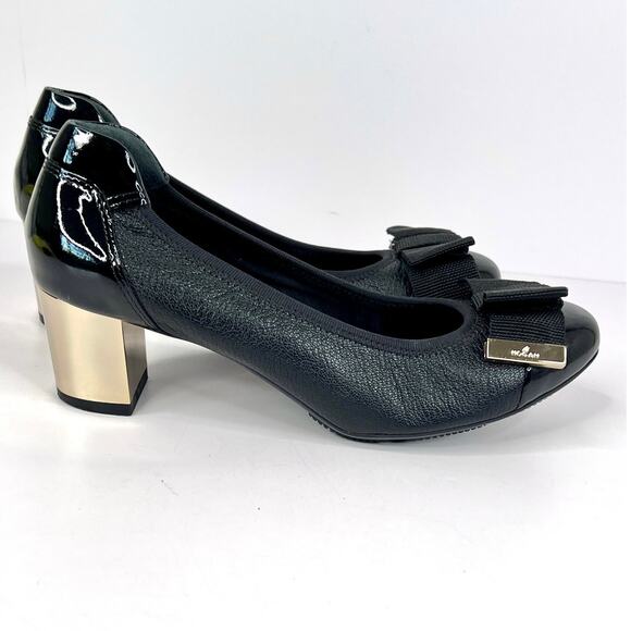 Hogan Size 5 Leather Pump Gold Tone Metallic Block Heel, Fabric Bow Metal Edges - Picture 4 of 15